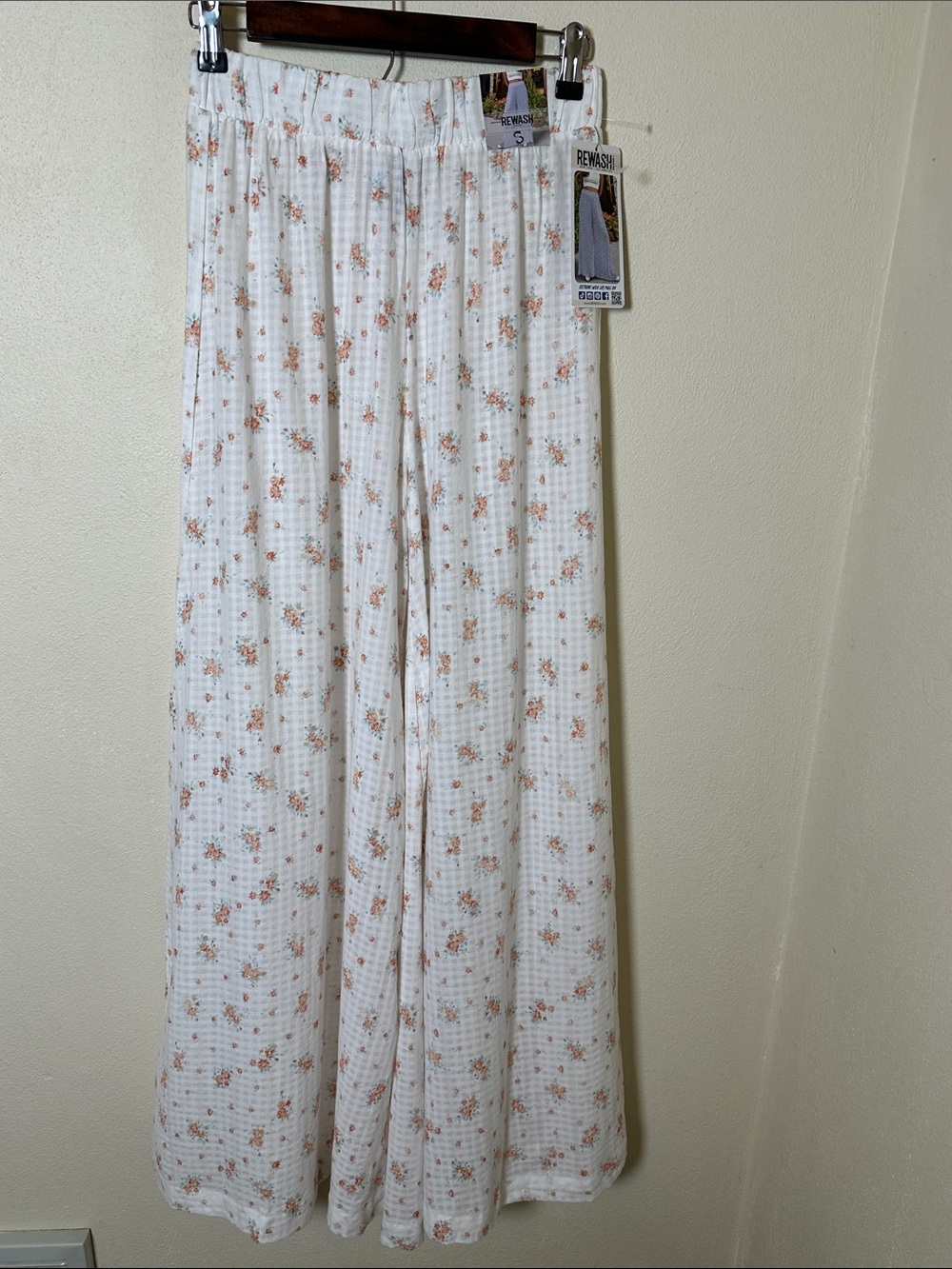 REWASH Floral Print White and Peach Wide-Leg Flowing Pants Sz Sm